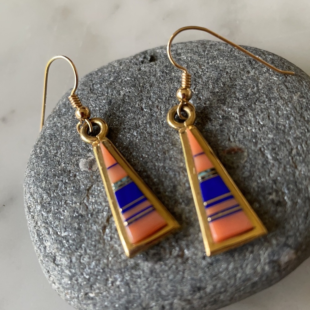 18K GOLD Zuni Native American Vintage Multi-stone Dangle Earrings - Picture 5 of 14